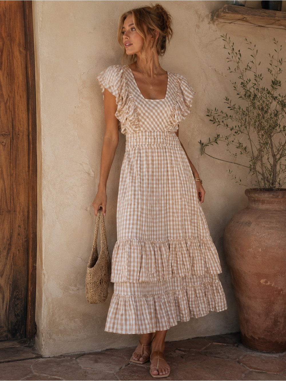 Entro Beige Gingham Ruffle Tiered Maxi Dress Tie Back Medium NWT